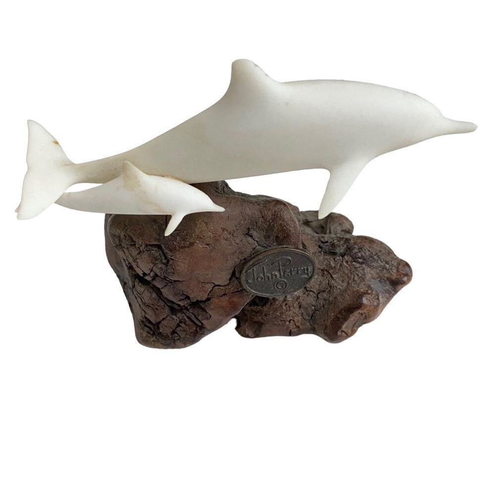 John Perry Vintage Dolphin Mom & Baby Sculpture Burlwood Base Coastal Decor